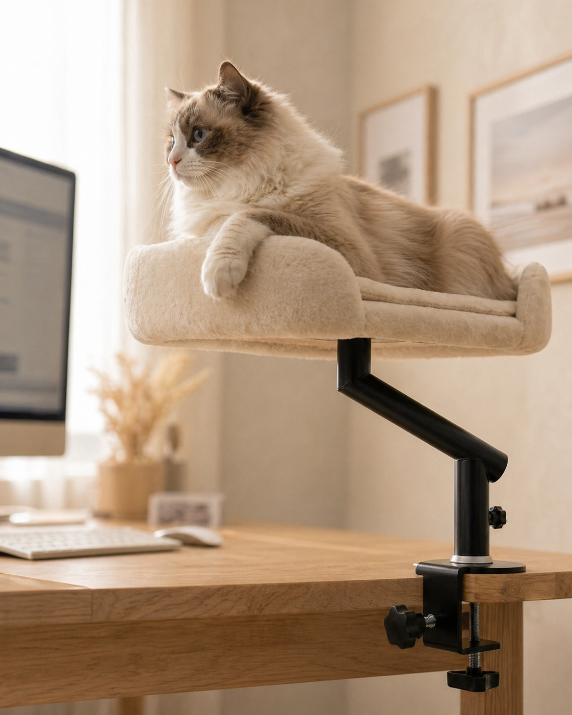 Cat lounging on a adjustable cat shelf attached to a desk in a home office setting.