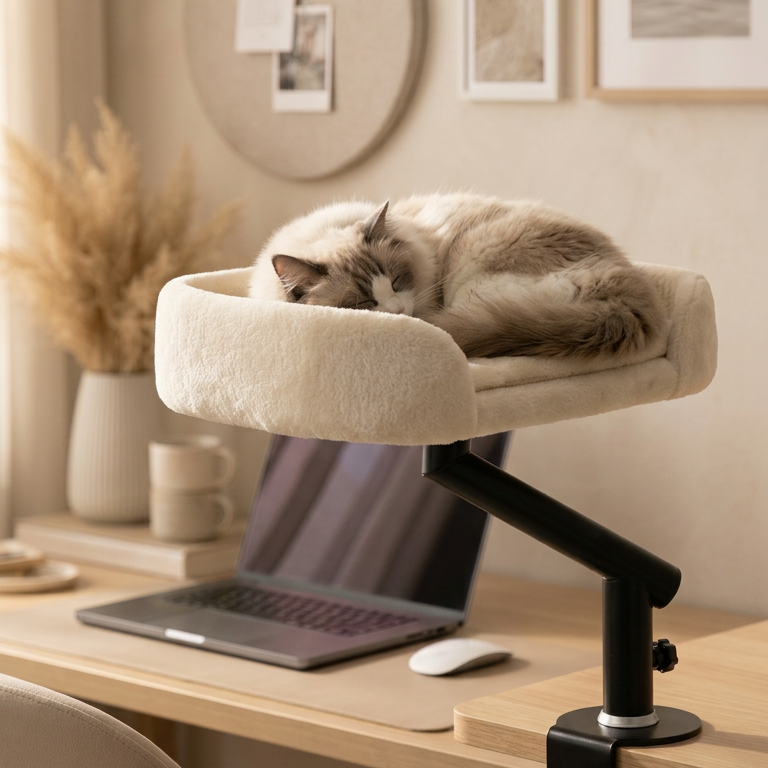 Cat resting on a elevated pet bed attached to a desk with a laptop and mouse.
