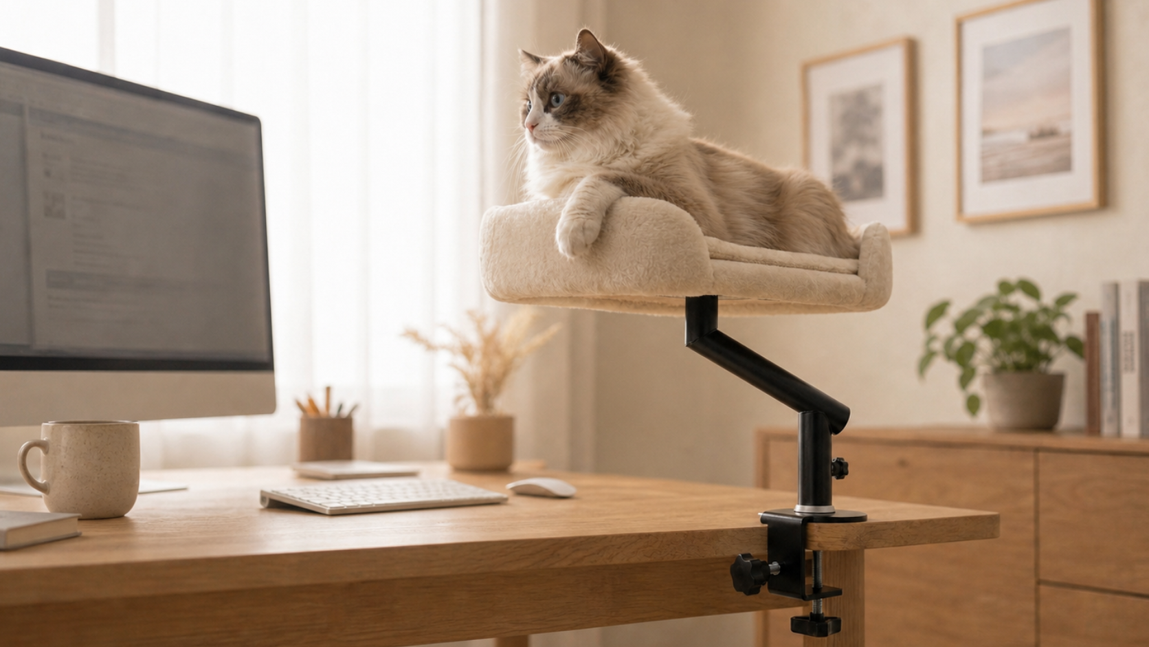 Cat sitting on a small elevated platform attached to a desk with a computer setup.